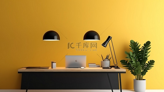 现代办公室的真实 3D 渲染，配有彩绘墙壁植物笔记本电脑台灯和钟表