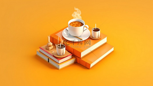 回到学校 3D 书籍和咖啡在充满活力的橙色背景与等距设计