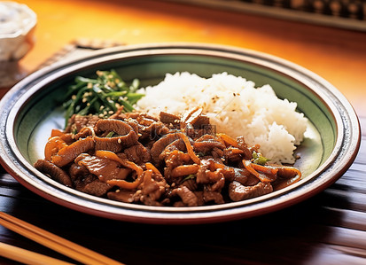 摆好碗筷背景图片_韩国炖牛肉配胡萝卜白菜和米饭在托盘上