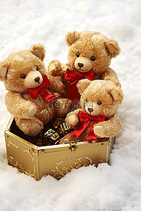 金雪背景图片_泰迪熊放在深雪中的金盒子上