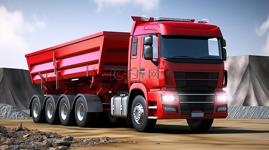 宽敞的红​​色卡车和可拆卸拖车的 3D 渲染，非常适合运输农业和建筑材料