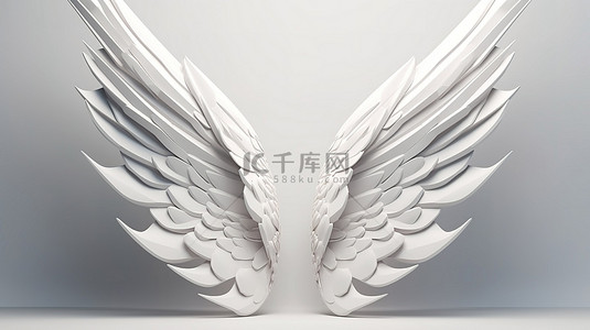 未来派对称翅膀，浅色背景上白色的抽象 3D 插图