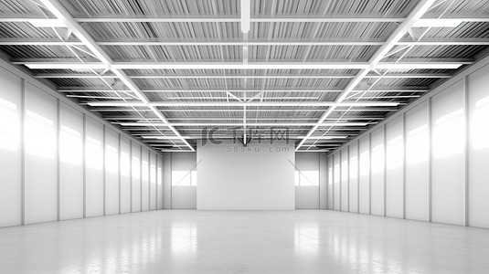 空白开放空间背景图片_当代白色仓库内部的 3D 渲染，具有时尚的钢框架和充足的开放空间