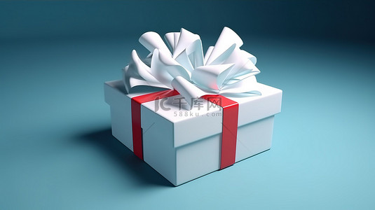 蓝色背景 3d 渲染中的红色蝴蝶结顶部白色礼品盒
