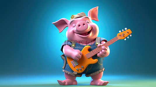 猪摇滚明星的俏皮 3D 卡通