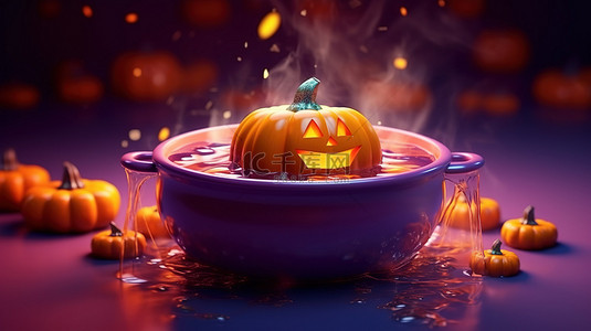 在神秘的紫色大锅中煮橙色南瓜，用于幽灵般的万圣节庆祝活动 3D 渲染
