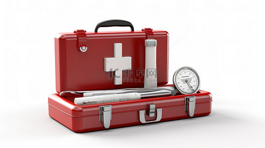白色医疗箱背景图片_白色背景上孤立的急救箱和温度计的 3D 插图