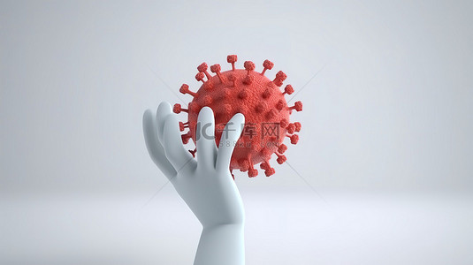 最小卡通风格 3D 渲染手部插图，在白色背景上分离出病毒，强调卫生和健康