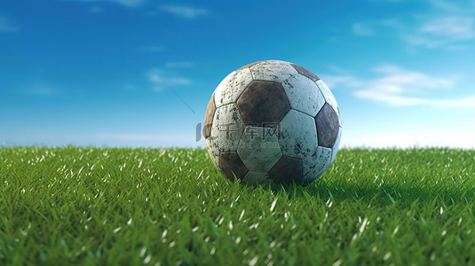 游戏背景图片_蓝天下郁郁葱葱的绿色地面上的足球与土壤纹理的 3D 渲染