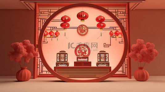 新中式红背景图片_令人惊叹的 3D 渲染中国新年展示舞台用于产品展示