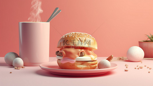 汉堡背景图片_粉红色背景中带汉堡的美式早餐和咖啡的极简主义 3D 渲染