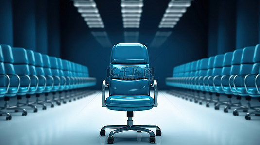 风物流主管背景图片_象征性领导 3d 蓝色办公椅放置在一排椅子之前