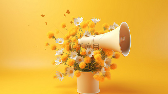 黄色背景广告创意的 3D 渲染，具有扩音器和花卉装饰