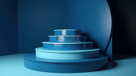 背蓝色景背景图片_蓝色 3D 讲台渲染，用于在蓝色房间背​​景下展示产品，展示模型