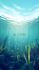 深海背景图片_海平面深海海草植物卡通插画背景