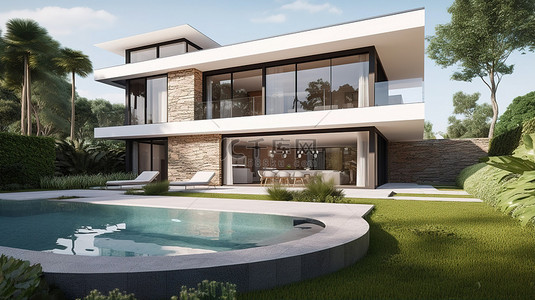 房地产徒步背景图片_令人惊叹的现代别墅，拥有宏伟的花园和游泳池，3D 渲染