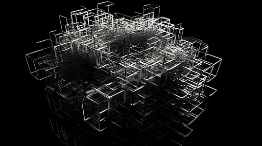 黑色背景下技术思想和信息组织的抽象 3D 渲染中的混乱