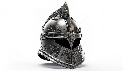 白色背景上孤立的中世纪骑士头盔的 3D 渲染，是过去军事装甲的象征