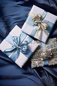 三条蓝色丝带和两个带花边的彩色信封