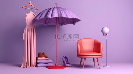 粉色火烈鸟背景图片_柔和的粉色背景，带衣服伞充气火烈鸟和椅子 3D 创作