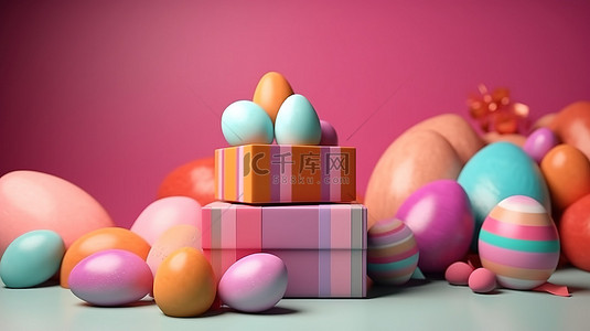 复活节节日彩蛋背景图片_节日复活节背景具有逼真的装饰元素 3D 礼品盒和彩蛋