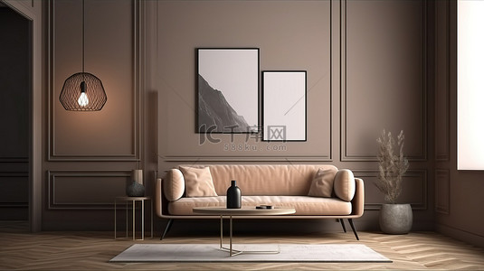 极简主义室内设计展示现代沙发和吊灯的 3D 渲染与框架模型