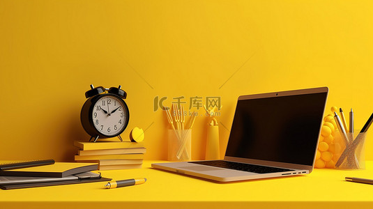 黄色背景，带有复制空间，在 3D 渲染工作区中配有闹钟彩色铅笔和笔记本电脑