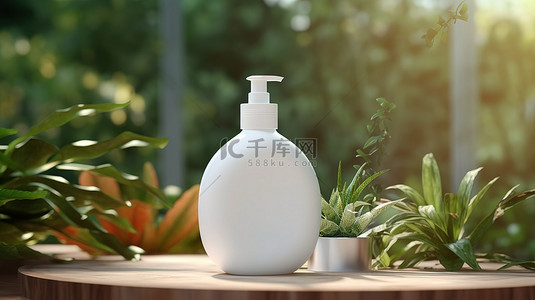 花园环境中精美展示的天然化妆品 3D 插图，配有白色空白罐洗发水瓶