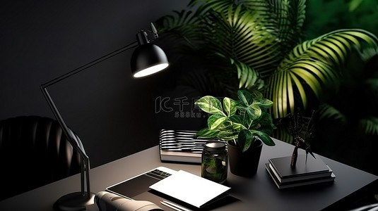 黑色表面办公桌的顶视图 3D 渲染，配有笔记本电脑植物台灯和便利贴