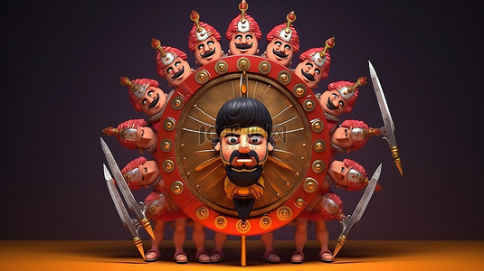 节日庆祝海报背景图片_十头剑和盾牌的 ravana 在 Dussehra 庆祝活动中的 3D 渲染插图