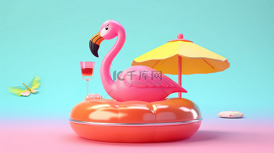 粉色火烈鸟背景图片_充气粉色火烈鸟上的清爽鸡尾酒完美的度假理念3D 渲染