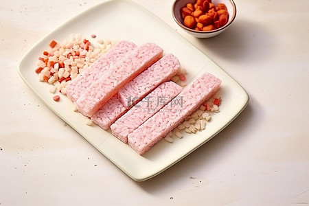 陶瓷盘上的粉色炒饭和米饼