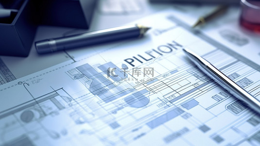 概念化商业计划简报 3D 渲染插图，背景模糊，章节标题中简报