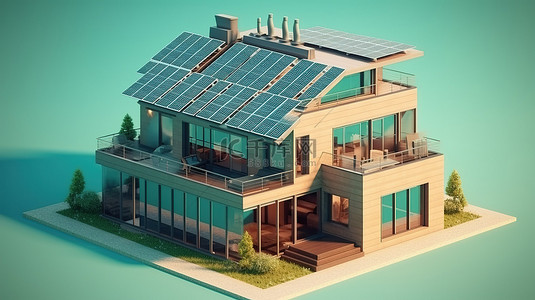 带太阳能电池板的等距视图中的智能生态房屋图标