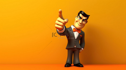 一个商务人士用一根手指指着背景横幅的 3D 卡通插图
