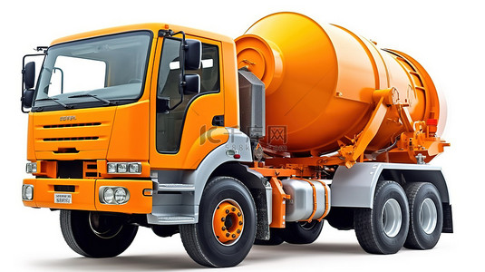 水泥车背景图片_白色背景上的 3D 渲染建筑设备橙色水泥搅拌车