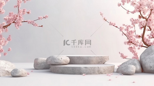 阳光照射下的天然石材讲台的 3D 渲染，白色背景上装饰着樱花，非常适合产品展示和品牌推广