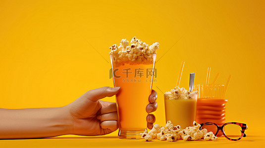 电影之夜 3D 眼镜零食和黄色背景的冰啤酒