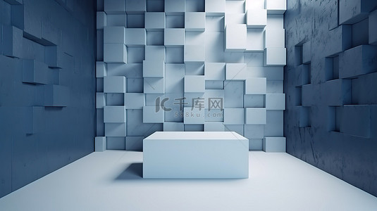 蓝色蓝宝石水泥墙设计背景，3D 渲染中带有空的上下白色立方体盒