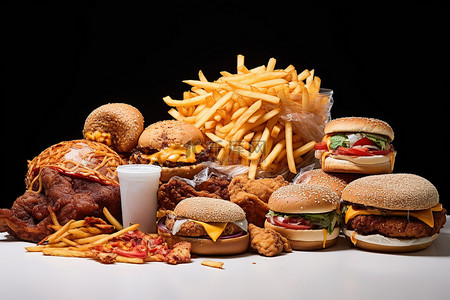 肉松汉堡背景图片_健康饮食过多脂肪快餐披萨汉堡鸡肉玉米片薯条等等