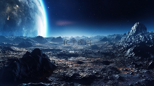 3d月球背景图片_背景为蓝色地球和星空的月球陨石坑的 3D 渲染