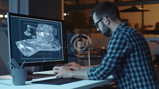 创新技能背景图片_创新设计师在笔记本电脑屏幕上制作 3D 模型，然后在办公室最先进的设备上进行打印