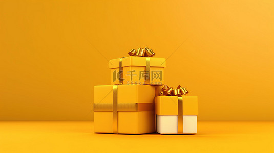 惊喜背景图片_黄色背景与 3d 礼品盒插图