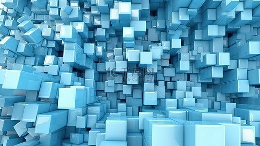浅蓝色色调的 3D 渲染几何背景混沌方形条结构
