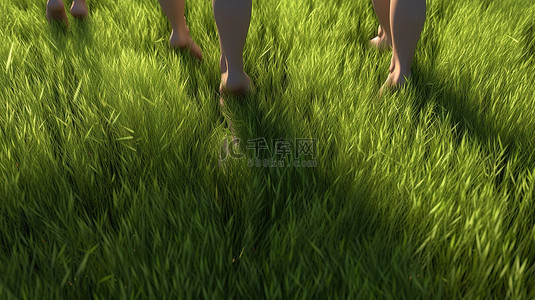 光脚赤脚背景图片_3D 渲染轨迹中长满草的赤脚儿童腿