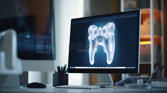 牙医使用电脑屏幕显示 3D 牙科扫描结果