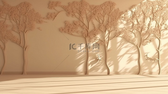 3D 渲染的奶油墙展示了背景中树木的阴影图案