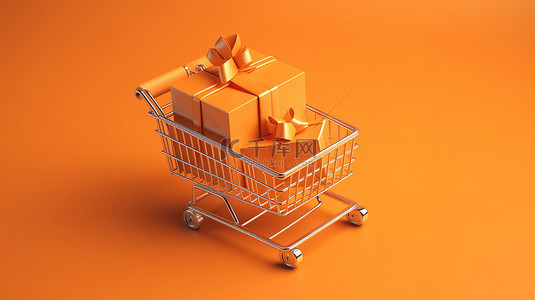 购物车装满礼物和折扣券，橙色背景 3D 渲染购物概念