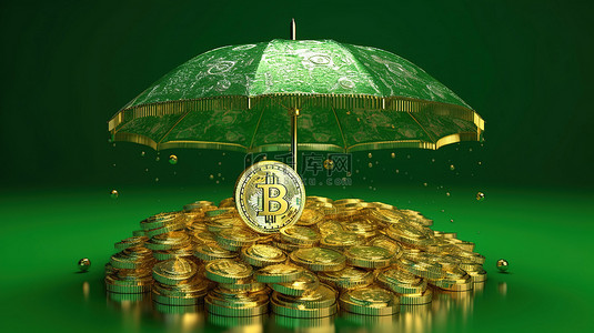 加密货币雨中雨伞下淋雨的 vert 硬币的丰富财富 3D 插图