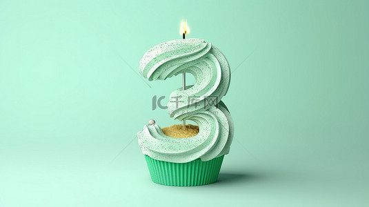 生日背景图片_3d 渲染的薄荷绿生日纸杯蛋糕，数字为 3